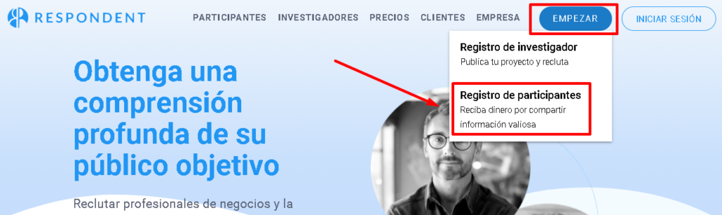 EmpezarRegistro de Participantes 1024x306 - 📚 Respondent io - ¿Ganar $100 por cada entrevista que respondas?