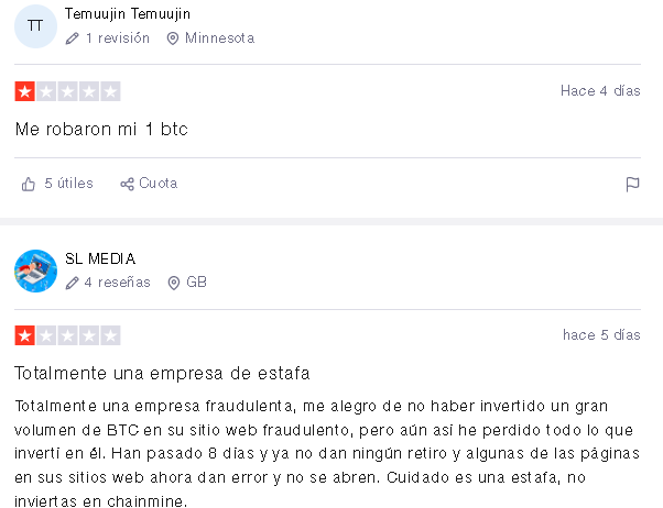 Comentario Negativo 3 - Chainmine: Una página para minar bitcoin en la Nube ¿Funciona? ¿Es scam?