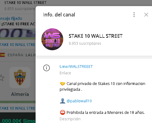 Stake 10 WallStreet - Listado Canales en Telegram de Apuestas Deportivas ESTAFA