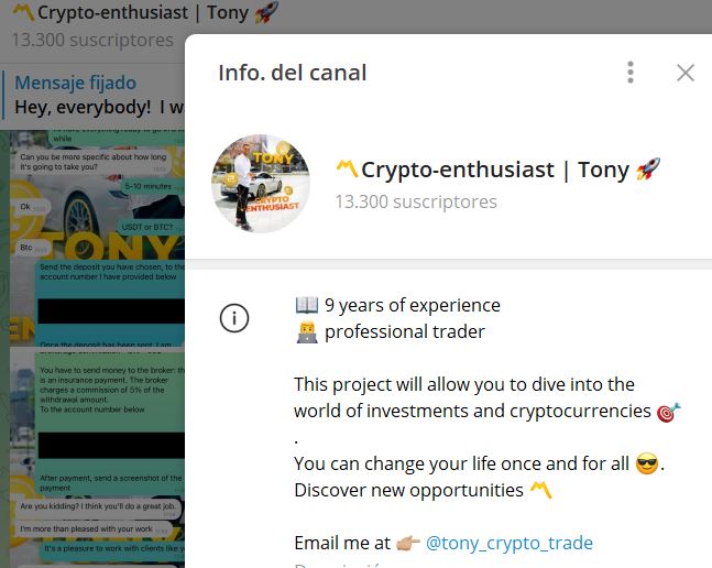 crypto enthusiast Tony - Listado de CANALES EN TELEGRAM de INVERSIÓN ESTAFA 2023