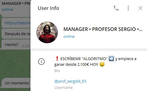 manager profesor sergio - Listado de Canales en Telegram sobre Algoritmos de Casino online ESTAFA