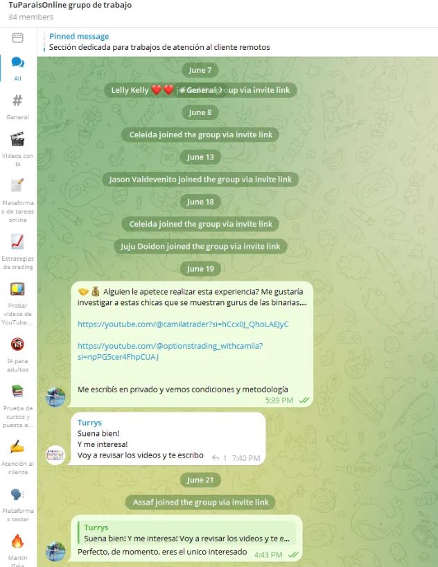 Grupo de trabajo de TuParaísoOnline en Telegram con secciones por temática