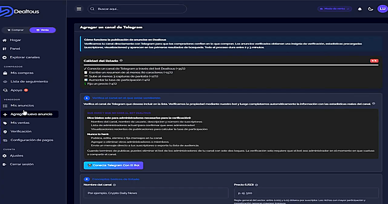 ¿Cuánto Vale tu Canal de Telegram? Así lo Vendí por $100 en Dealtous foto 03 - ¿Cuánto Vale tu Canal de Telegram? Así lo Vendí por $100 en Dealtous